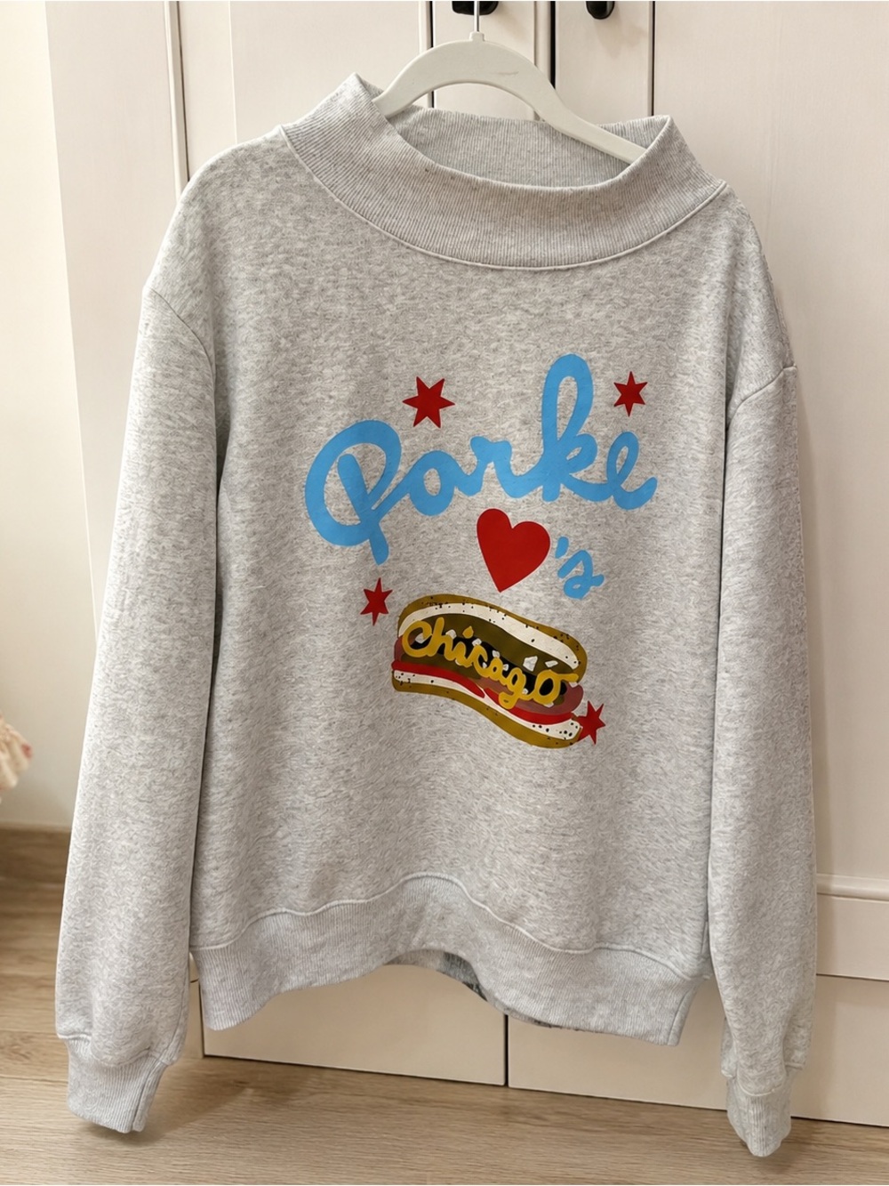 Parker Gray Graphic Cowl-Neck Sweatshirt with Blue Script & Red Heart